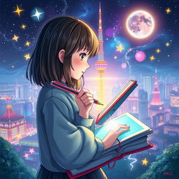 A mesmerizing book cover featuring a girl with shoulder-length hair, skillfully holding a pen and a tablet, embodying creativity and inspiration