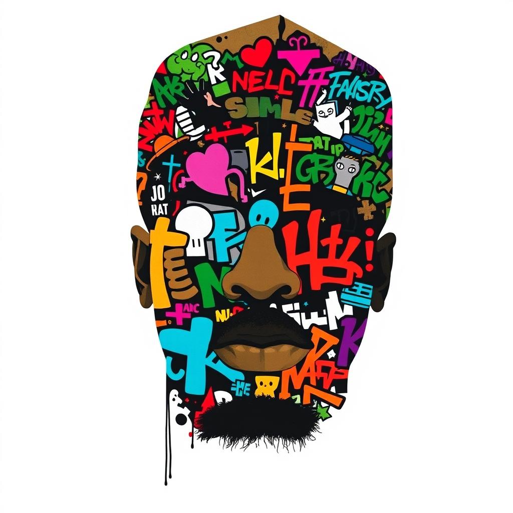 A silhouette of a rapper's face, facing directly towards the viewer, fully filled with colorful and vibrant graffiti art