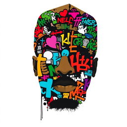 A silhouette of a rapper's face, facing directly towards the viewer, fully filled with colorful and vibrant graffiti art