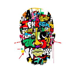 A silhouette of a rapper's face, facing directly towards the viewer, fully filled with colorful and vibrant graffiti art