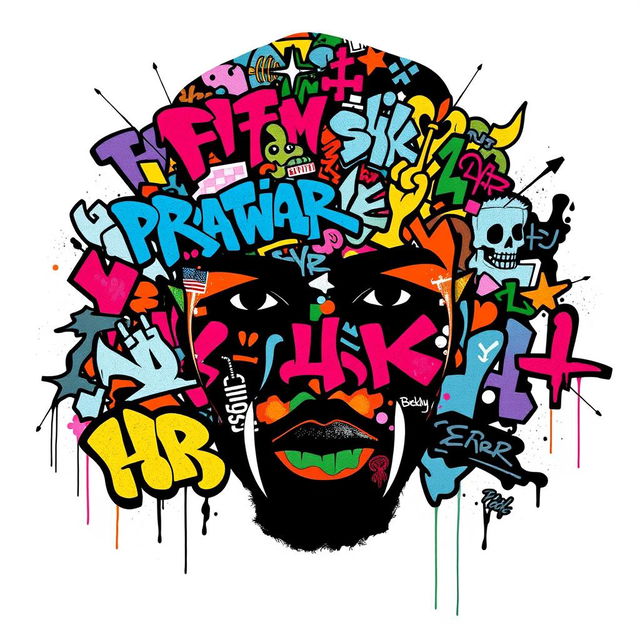 A silhouette of a rapper's face, facing directly towards the viewer, fully filled with colorful and vibrant graffiti art