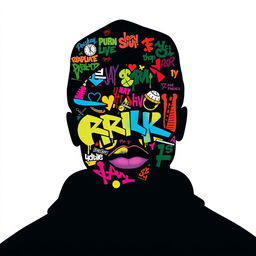 A silhouette of a rapper's face, facing directly towards the viewer, fully filled with colorful and vibrant graffiti art