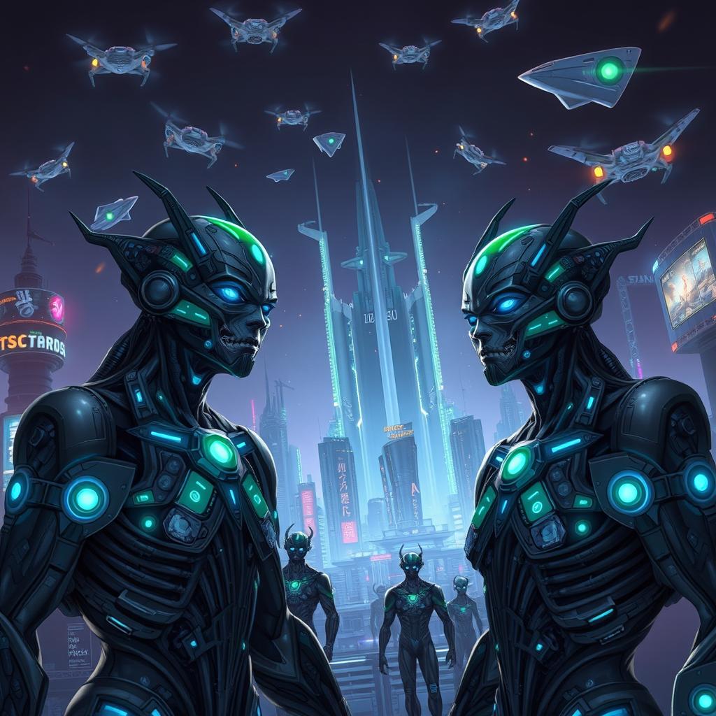 A detailed scene depicting the Tzalken, a cybernetically-enhanced race of beings, showcasing their technological superiority