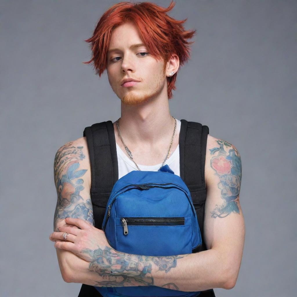 Draw an anime male character with red hair reaching his eyes, visible from the waist up. His body is adorned with tattoos, and he carries a blue, bunny-shaped backpack on his back. He has his hands positioned as if in prayer.