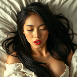 A stunningly beautiful young woman with long black Chinese hair, lying on a bed