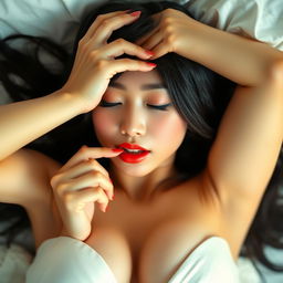 A stunningly beautiful young woman with long black Chinese hair, lying on a bed