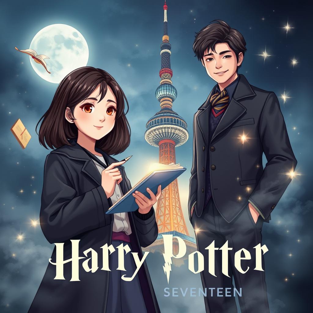 An enchanting book cover designed in a style reminiscent of the Harry Potter series, featuring a girl with shoulder-length hair, confidently holding a pen and a tablet, embodying creativity and magic