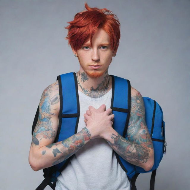 Draw an anime male character with red hair reaching his eyes, visible from the waist up. His body is adorned with tattoos, and he carries a blue, bunny-shaped backpack on his back. He has his hands positioned as if in prayer.