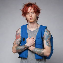 Draw an anime male character with red hair reaching his eyes, visible from the waist up. His body is adorned with tattoos, and he carries a blue, bunny-shaped backpack on his back. He has his hands positioned as if in prayer.