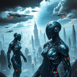 Imagine a futuristic scene depicting the Tzalken, a race of cybernetically-enhanced beings, illustrating their technological superiority