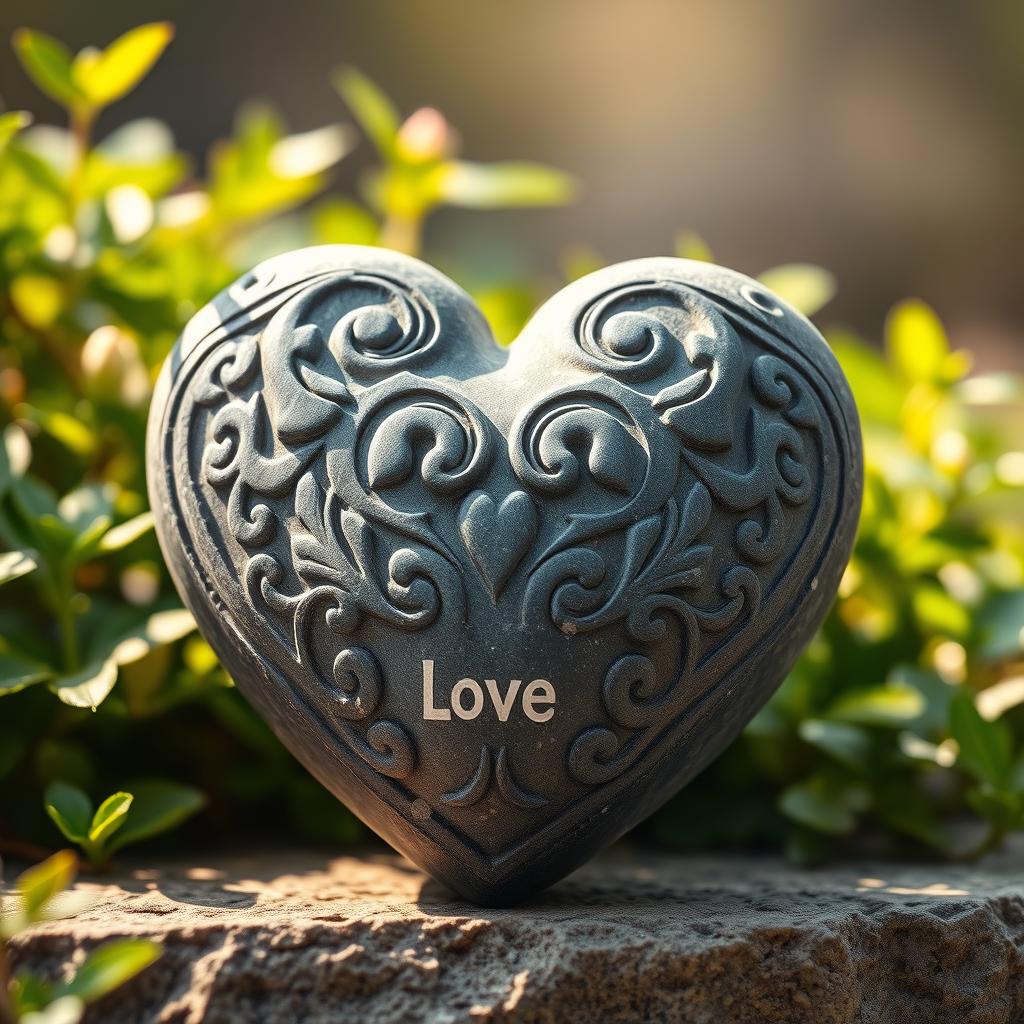 A beautiful and artistic representation of a heart made of stone, featuring intricate carvings and textures that highlight the natural beauty of the stone