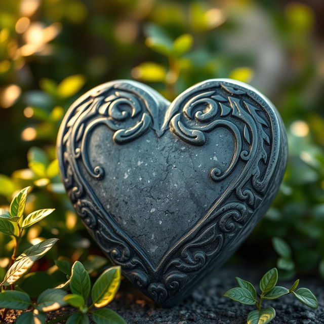 A beautiful and artistic representation of a heart made of stone, featuring intricate carvings and textures that highlight the natural beauty of the stone