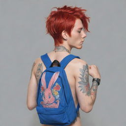 Draw an anime male character with red hair reaching his eyes, visible from the waist up. His body is adorned with tattoos, and he carries a blue, bunny-shaped backpack on his back. He has his hands positioned as if in prayer.