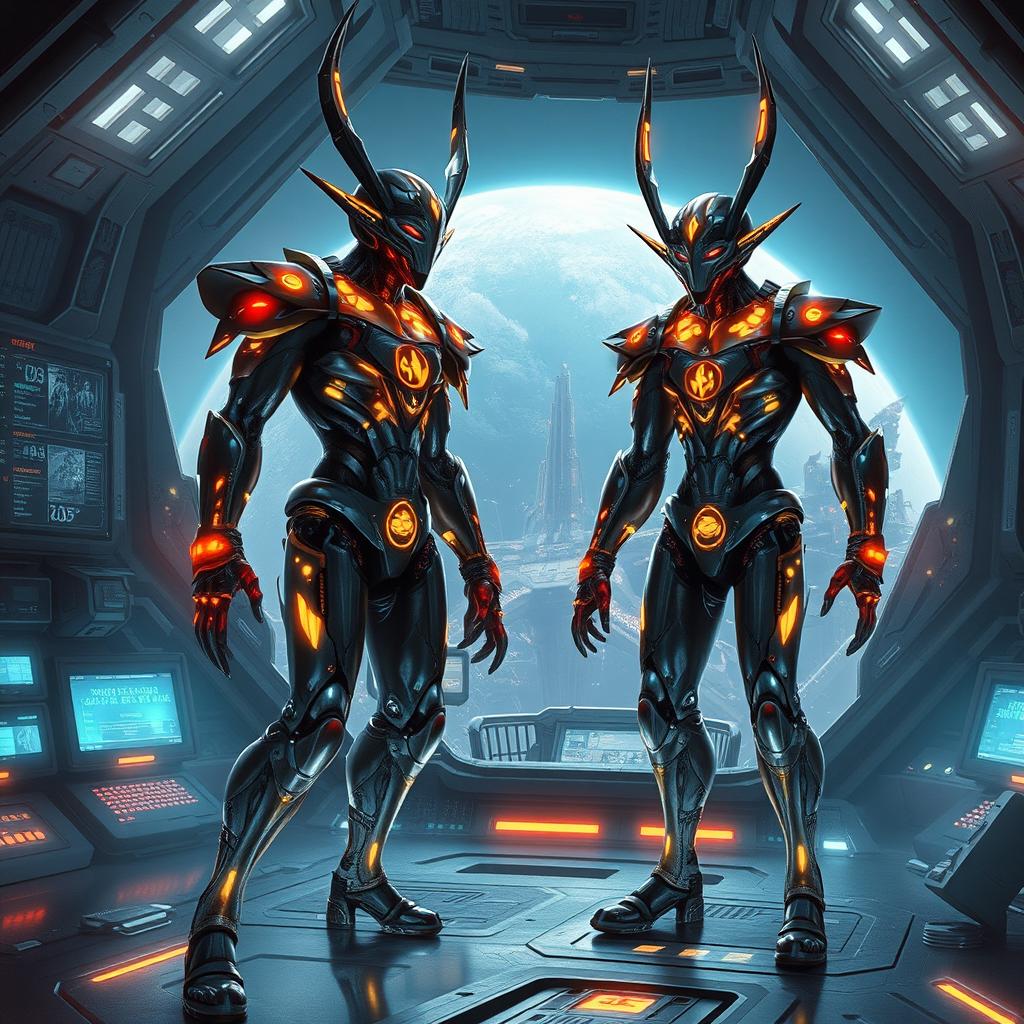 A futuristic scene depicting the Tzalken, a race of cybernetically-enhanced beings, embodying a blend of Kree and Dominator aesthetics