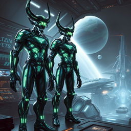 A futuristic scene depicting the Tzalken, a race of cybernetically-enhanced beings, embodying a blend of Kree and Dominator aesthetics