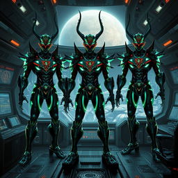 A futuristic scene depicting the Tzalken, a race of cybernetically-enhanced beings, embodying a blend of Kree and Dominator aesthetics