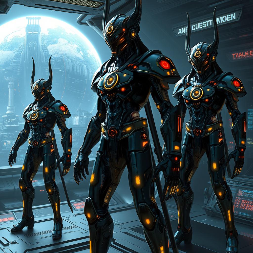 A futuristic scene depicting the Tzalken, a race of cybernetically-enhanced beings, embodying a blend of Kree and Dominator aesthetics