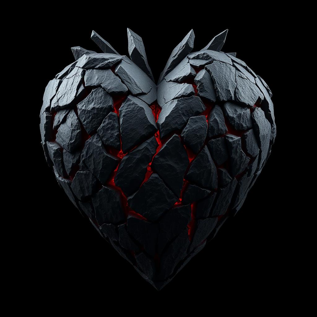 A dark and sinister representation of a heart made of jagged stone, with sharp edges and a rough texture that exudes a sense of malevolence