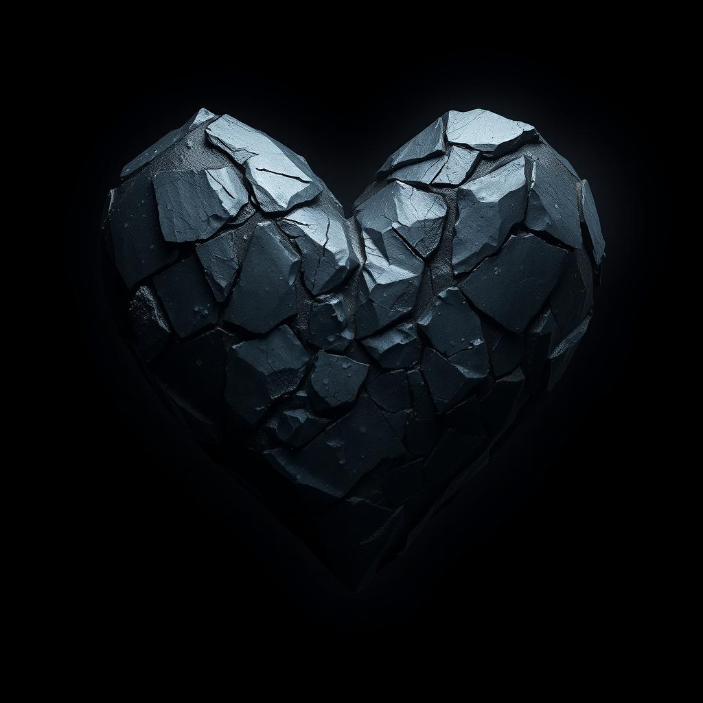 An artistic representation of a heart made of dark, jagged stone, symbolizing malice and darkness