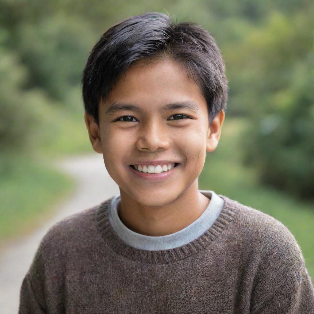 A normal Filipino boy dressed in a comfortable, warm sweater, displaying a genuine smile. He has dark hair, bright eyes and a youthful appearance.