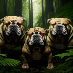 Menacing bulldogs with red eyes and mean faces, standing assertively amidst the dense greenery of a forest.