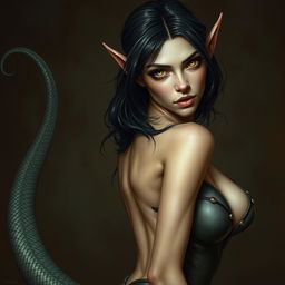 An alluring dark-haired female figure poses temptingly for the viewer, featuring a slender and smooth tail covered in transparent scales extending from her spine