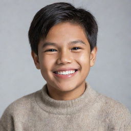 A normal Filipino boy dressed in a comfortable, warm sweater, displaying a genuine smile. He has dark hair, bright eyes and a youthful appearance.