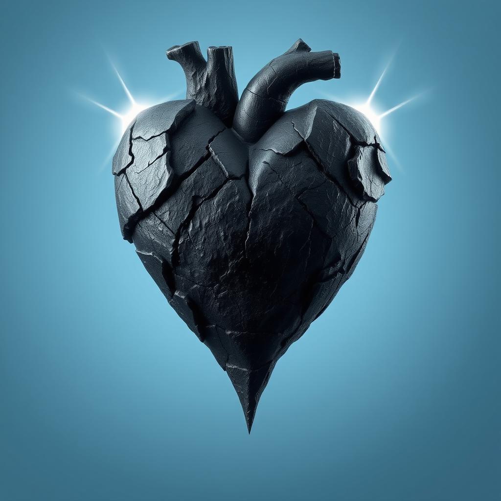 An artistic representation of a heart crafted from dark, jagged stone, symbolizing malice and darkness