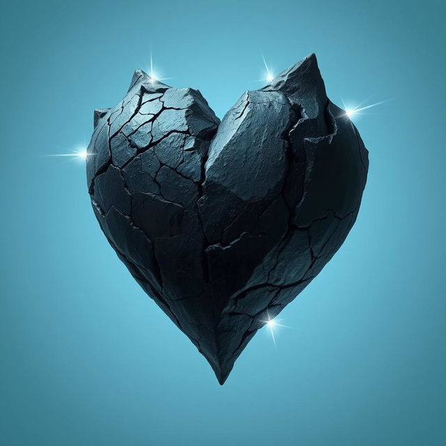 An artistic representation of a heart crafted from dark, jagged stone, symbolizing malice and darkness