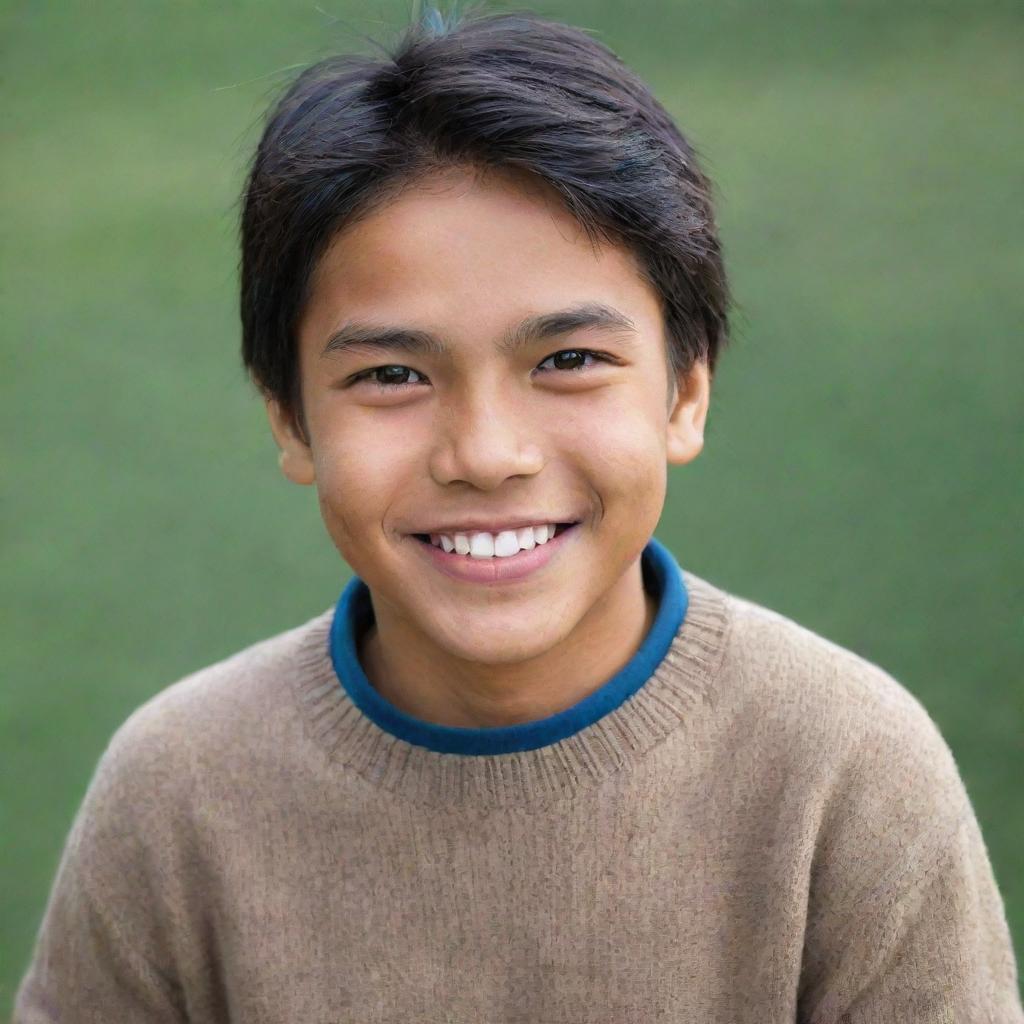 A normal Filipino boy dressed in a comfortable, warm sweater, displaying a genuine smile. He has dark hair, bright eyes and a youthful appearance.