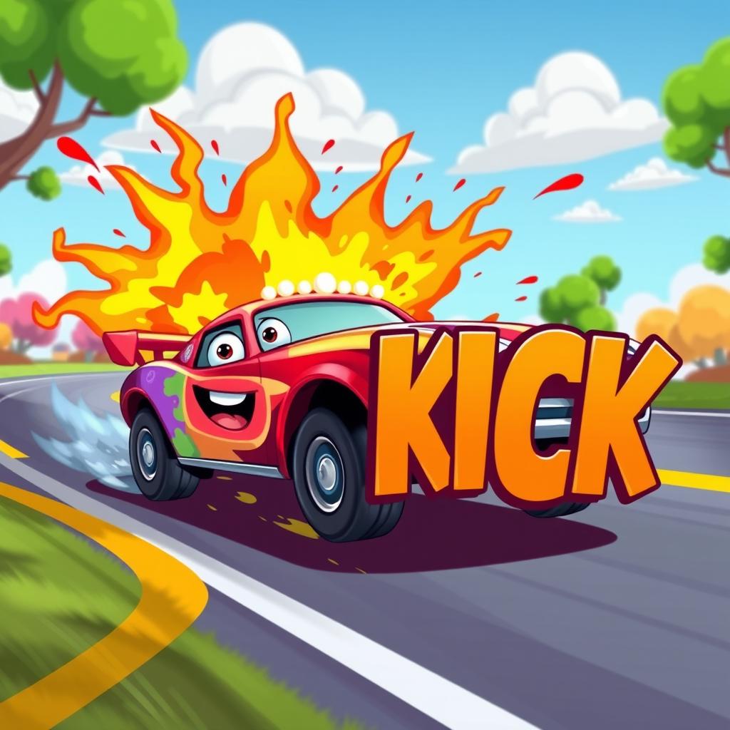 A vibrant cartoon-style scene depicting a colorful car speeding along a dynamic road