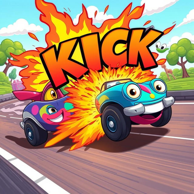 A vibrant cartoon-style scene depicting a colorful car speeding along a dynamic road