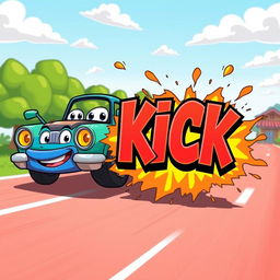 A vibrant cartoon-style scene depicting a colorful car speeding along a dynamic road