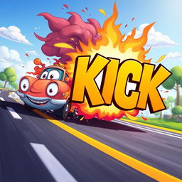 A vibrant cartoon-style scene depicting a colorful car speeding along a dynamic road