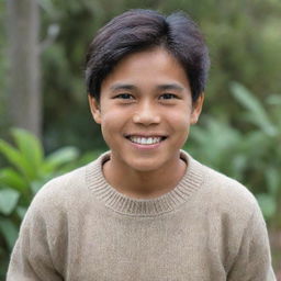 A normal Filipino boy dressed in a comfortable, warm sweater, displaying a genuine smile. He has dark hair, bright eyes and a youthful appearance.