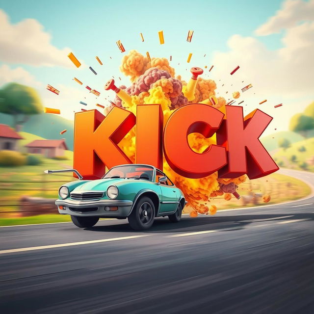 A vibrant cartoon scene where a humorous cartoon car speeds by, then dramatically explodes into bold, oversized 3D letters spelling out 'KICK'