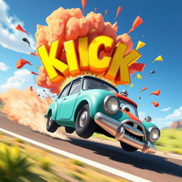 A vibrant cartoon scene where a humorous cartoon car speeds by, then dramatically explodes into bold, oversized 3D letters spelling out 'KICK'