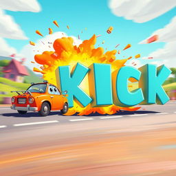 A vibrant cartoon scene where a humorous cartoon car speeds by, then dramatically explodes into bold, oversized 3D letters spelling out 'KICK'