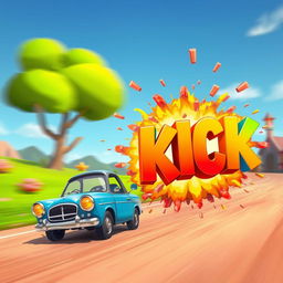 A vibrant cartoon scene where a humorous cartoon car speeds by, then dramatically explodes into bold, oversized 3D letters spelling out 'KICK'