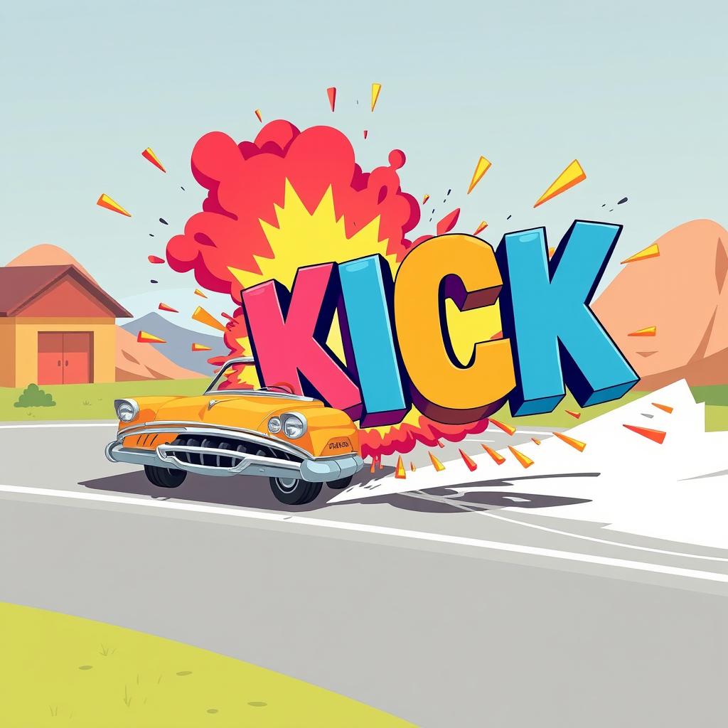 A 2D retro-style cartoon scene where a classic retro car drives by, then humorously explodes into bold, oversized 3D letters spelling out 'KICK'