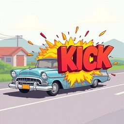 A 2D retro-style cartoon scene where a classic retro car drives by, then humorously explodes into bold, oversized 3D letters spelling out 'KICK'