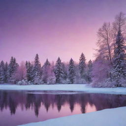 Generate an image of a serene winter landscape at twilight, complete with snow-covered trees and a glowing, purple and pink sky reflecting on a frozen lake.