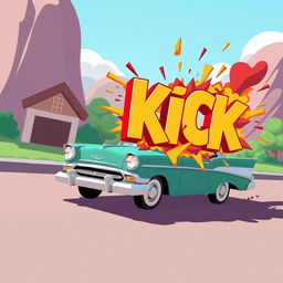 A 2D retro-style cartoon scene where a classic retro car drives by, then humorously explodes into bold, oversized 3D letters spelling out 'KICK'