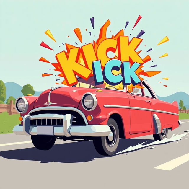 A 2D retro-style cartoon scene where a classic retro car drives by, then humorously explodes into bold, oversized 3D letters spelling out 'KICK'