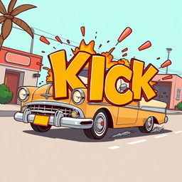 A lively 2D retro-style cartoon scene featuring a classic retro car driving by, which then comically explodes into bold, cartoonish letters spelling out 'KICK'