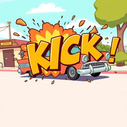 A lively 2D retro-style cartoon scene featuring a classic retro car driving by, which then comically explodes into bold, cartoonish letters spelling out 'KICK'