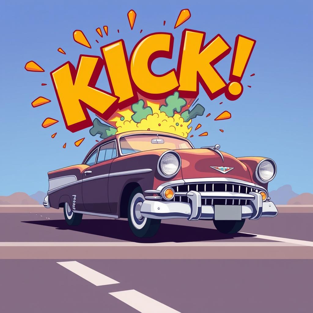 A lively 2D retro-style cartoon scene featuring a classic retro car driving by, which then comically explodes into bold, cartoonish letters spelling out 'KICK'