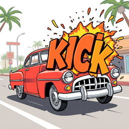 A lively 2D retro-style cartoon scene featuring a classic retro car driving by, which then comically explodes into bold, cartoonish letters spelling out 'KICK'