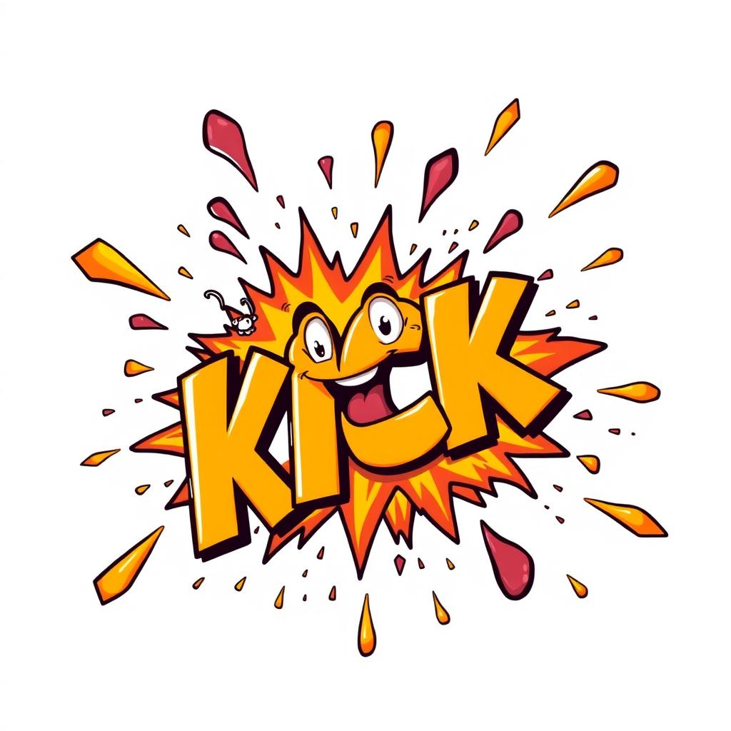 A vibrant and lively cartoon explosion shaped like the word 'KICK', with dynamic bursts of colorful flames, smoke and debris flying outward