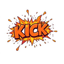 A vibrant and lively cartoon explosion shaped like the word 'KICK', with dynamic bursts of colorful flames, smoke and debris flying outward